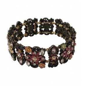 Vintage‎ Enameled Floral Garden Bracelet Brass Base Rhinestones Stretch Unmarked